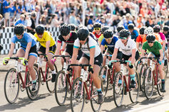 A tight group of women cyclists race during the Little 500 competition.